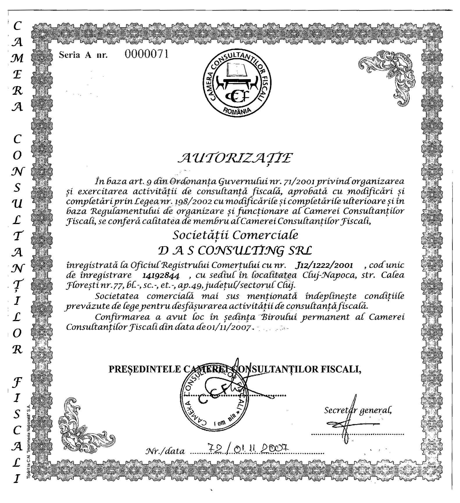 Certificat acreditare Camera Consultantilor Fiscali din Romania