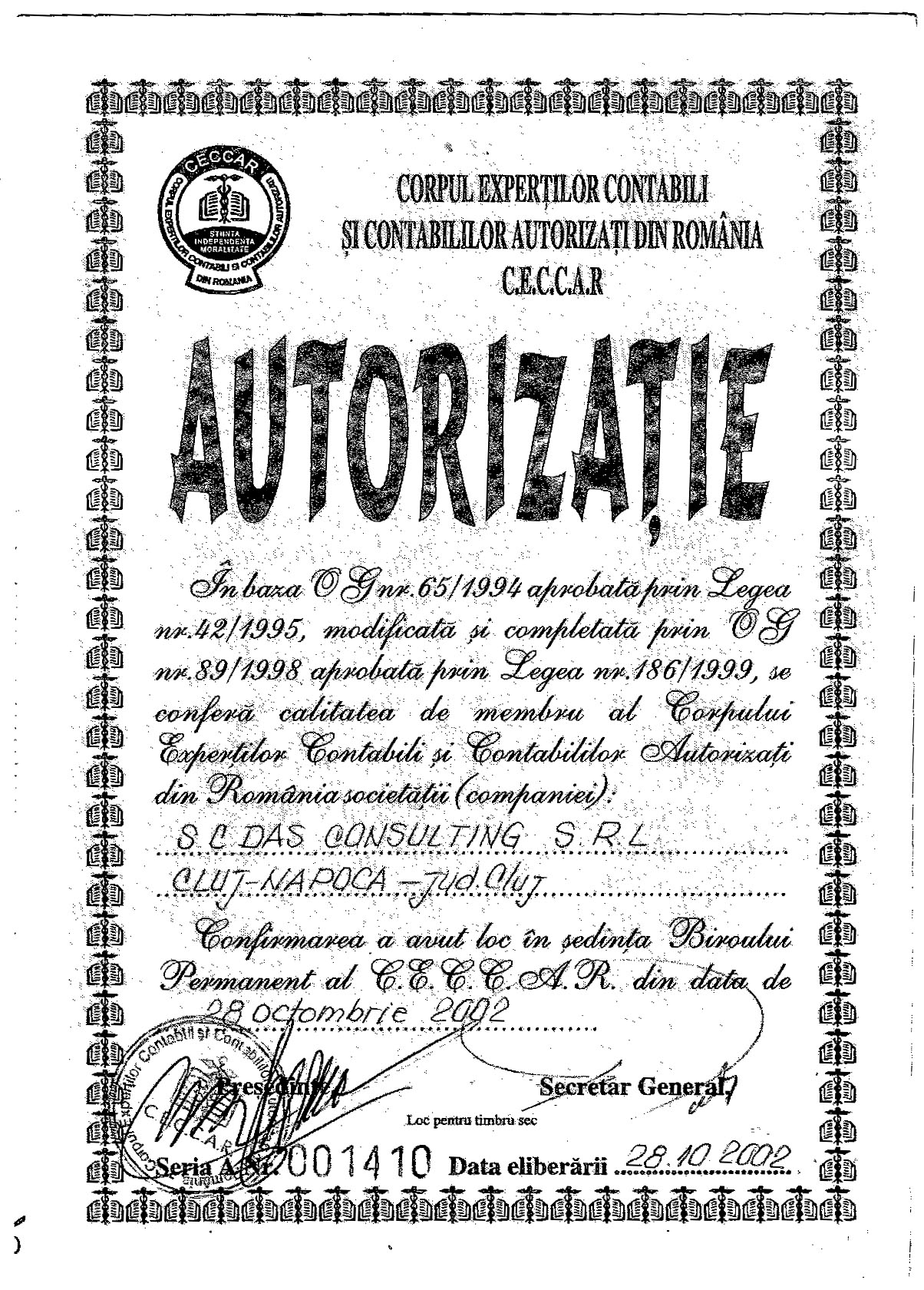 Certificat acreditare Corpul Expertilor Contabili si Contabililor Autorizati din Romania